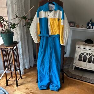 Vintage 80’s 90’s Fera one piece color blocked ski suit blue yellow white